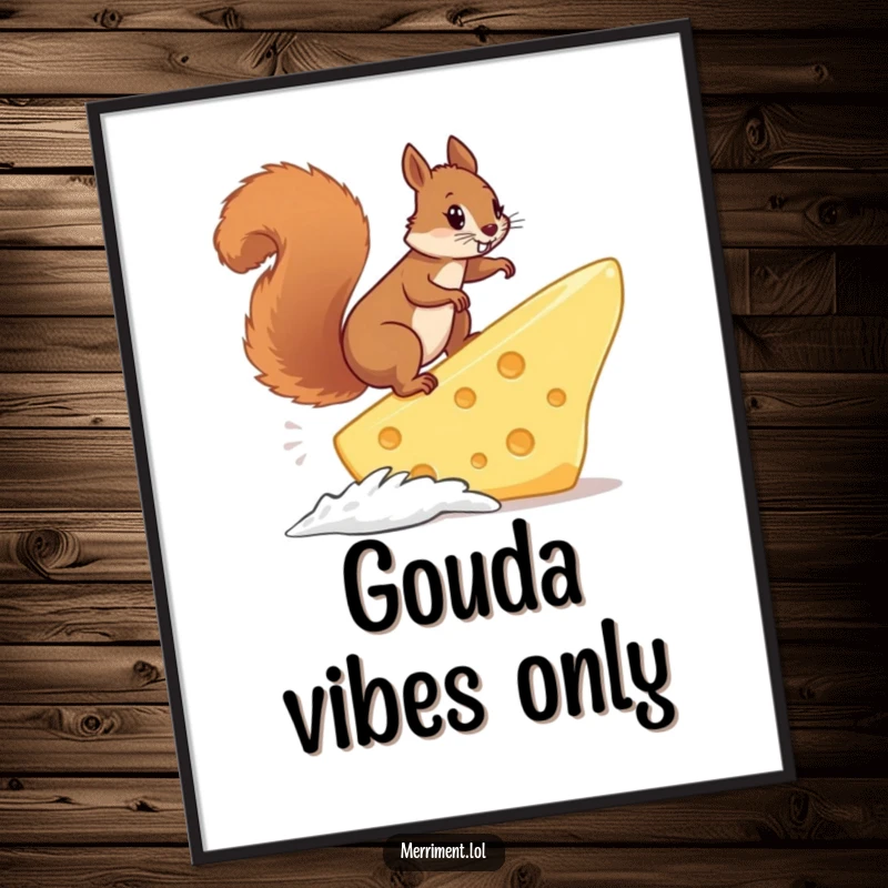 Funny squirrel executing an epic surf move on a gargantuan cheese slice, creating humorous wall art for cheese and animal lovers.