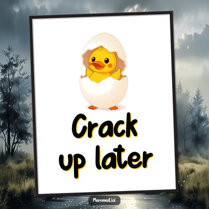 Funny surprised egg poster hatching a tiny rubber duck, a whimsical and humorous piece of wall art.