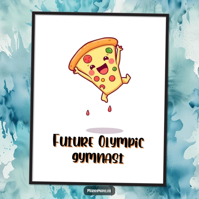 Funny pizza slice poster in mid-somersault, a vibrant and comical piece of wall art for kitchens and living spaces.