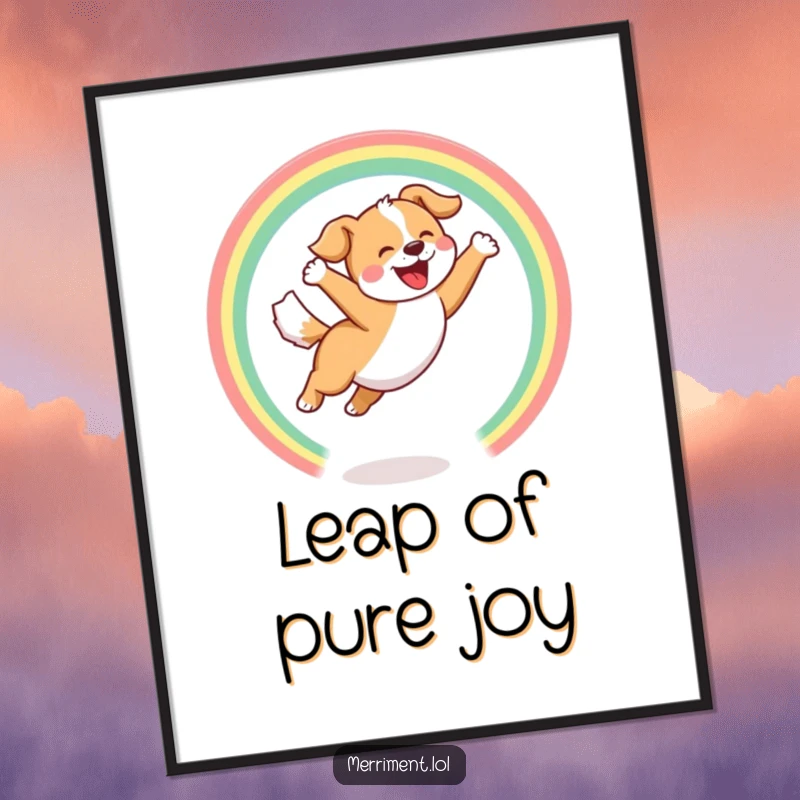 Funny Poster of a joyful dog leaping through a hoop of rainbows with a happy bark, cheerful pet wall art.