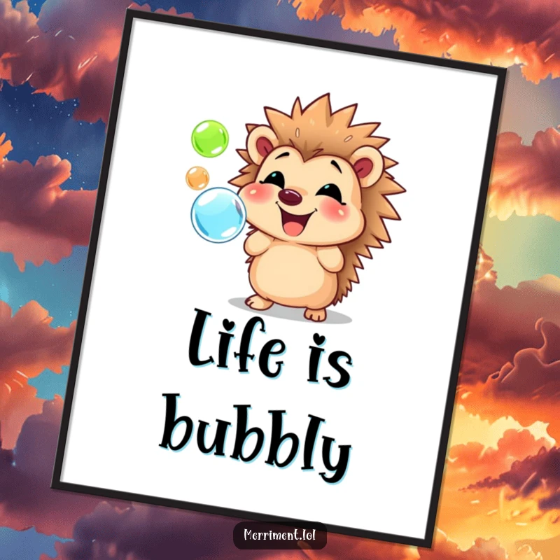 Funny hedgehog poster showcasing a joyful animal blowing big, colorful bubbles with a wide, happy smile, perfect decor.