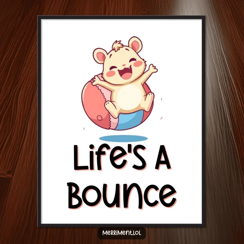 Funny Poster: A merry critter bounces a giant, colorful ball with great enthusiasm. Energetic and a funny gift.