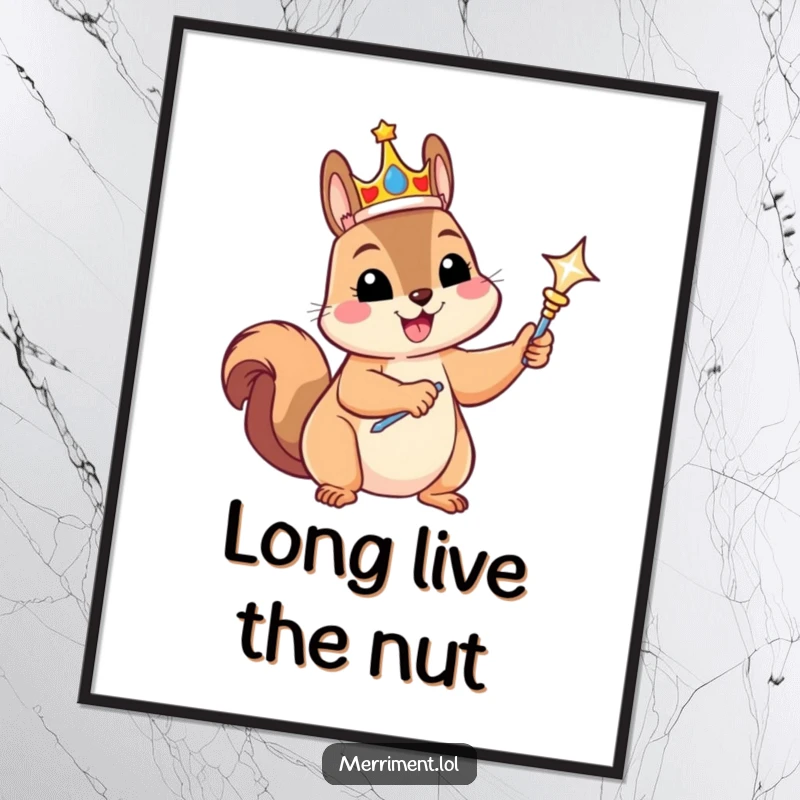 Funny poster of a gleeful squirrel wearing a tiny crown and holding a sparkling scepter, exuding majestic and humorous energy.