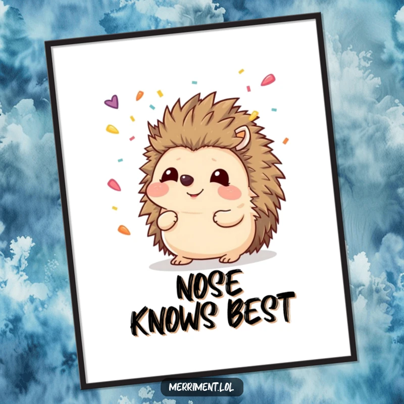 Funny hedgehog poster illustrating a joyful animal attempting to catch falling confetti with its nose, perfect for cheerful decor.