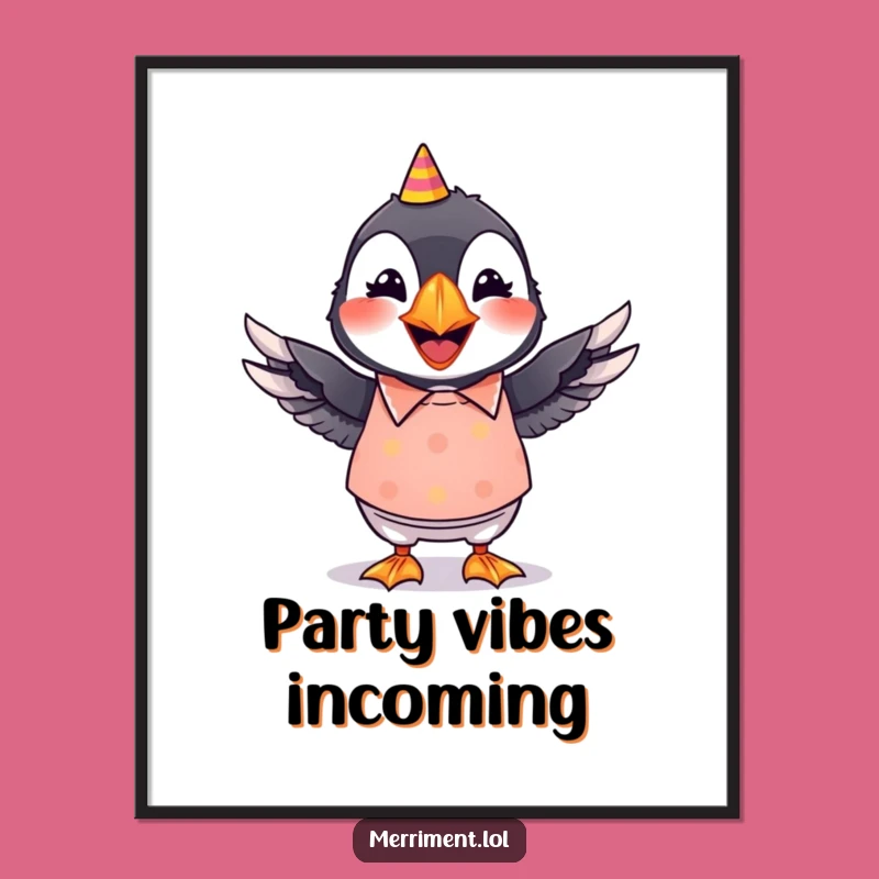 Funny Puffin Poster: Grinning Party Puffin, Wiggling Wings, Festive Wall Art Gift