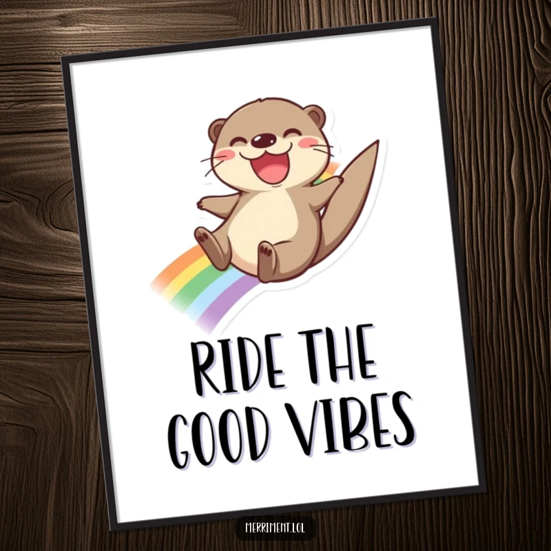 Funny poster of a joyful otter sliding down a rainbow with a wide grin, creating a vibrant and cheerful atmosphere.