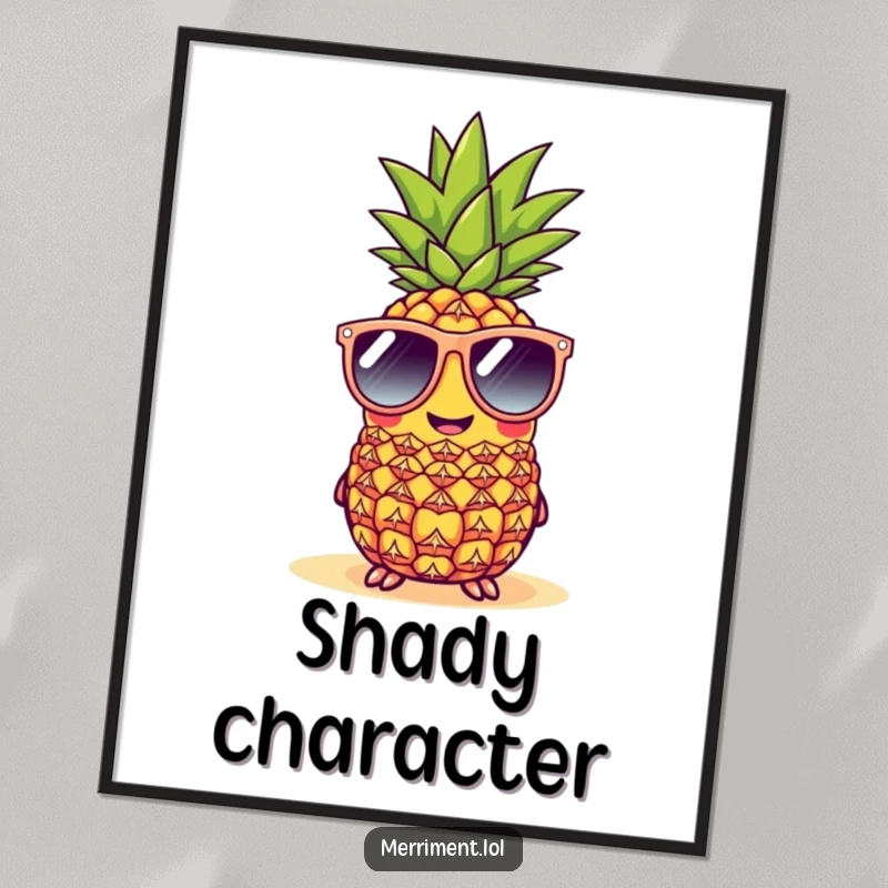 Funny cheerful pineapple poster wearing oversized sunglasses at a beach, tropical and humorous wall art.