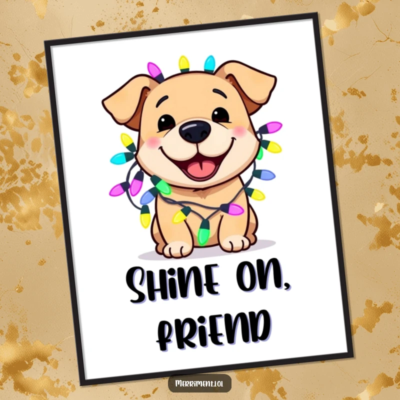 Funny dog poster showing a smiling dog adorned with brightly colored, oversized fairy lights, serving as festive and humorous wall art.