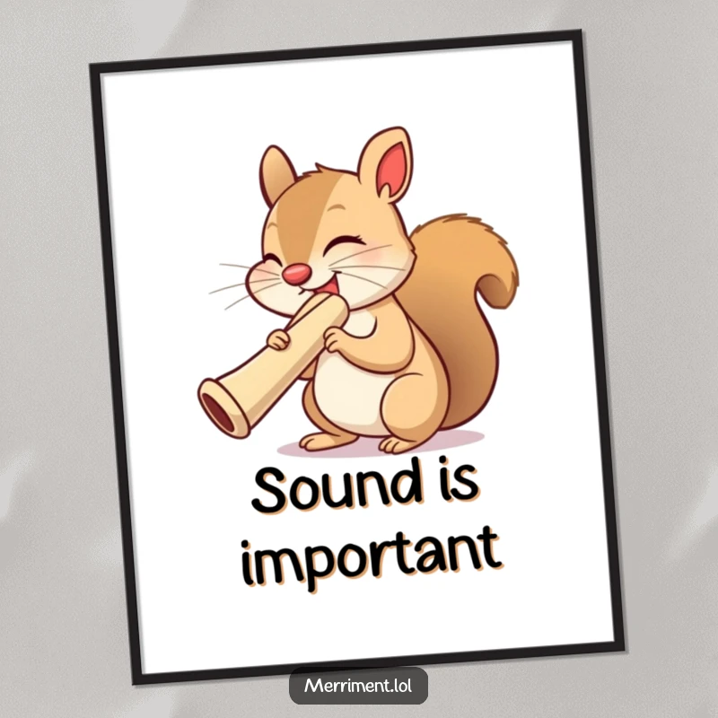 Funny squirrel poster, eyes closed, playing a huge kazoo with wild abandon, a vibrant and comical animal art print.