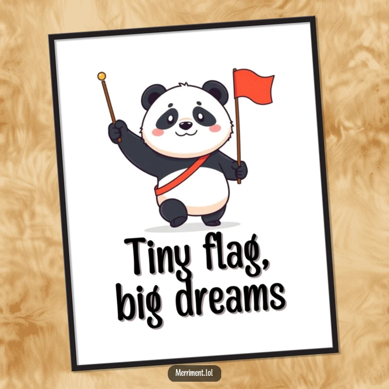 Funny Panda Poster: A determined panda marches enthusiastically with a tiny flag and a proud, wide grin.