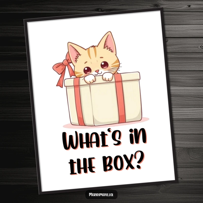 Funny, curious cat peeking from behind a large gift box, a humorous and whimsical piece of wall art.