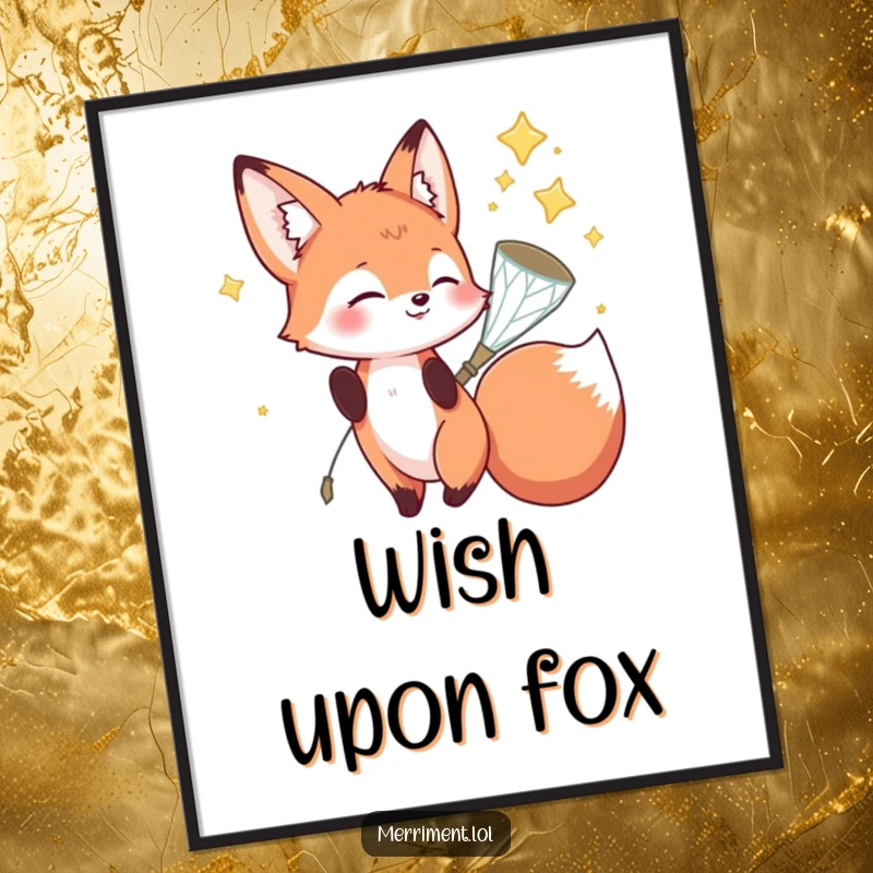 Funny fox poster showcasing a playful fox character catching falling stars in a sparkly net, a piece of funny wall art.