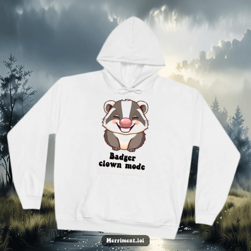 Funny badger wearing a clown nose and making a funny face, providing humorous and cozy warmth for any wearer.