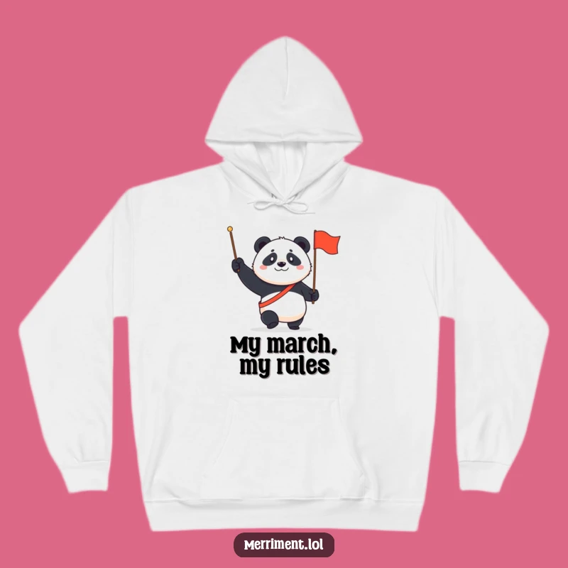 Cozy Funny Panda March Hoodie: Determined panda with flag, the ultimate warm and funny gift!