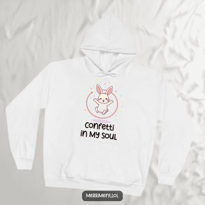 Funny hoodie design of a happy rabbit leaping through a hoop with confetti, offering warmth and a cheerful vibe.