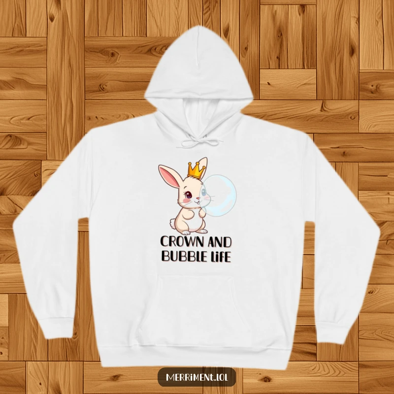 Funny Rabbit Hoodie: Cozy wear with a curious crowned rabbit comically blowing a huge bubble, perfect for laughs.