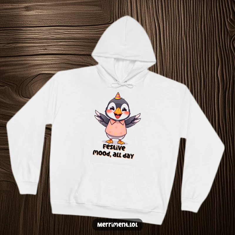 Funny hoodie with a grinning puffin donned in a bright party shirt, hilariously wiggling its wings with glee.