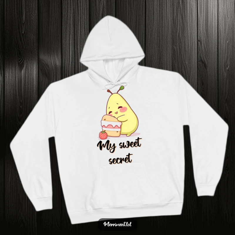 Funny hoodie featuring a blushing pear character trying to sneak a bite from a giant cake, offering warmth and humorous indulgence.
