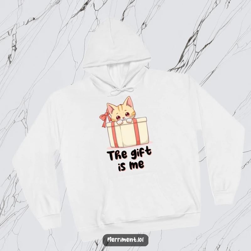 Funny cat peeking from behind a large gift box, a humorous and cozy design for a comfortable hoodie.