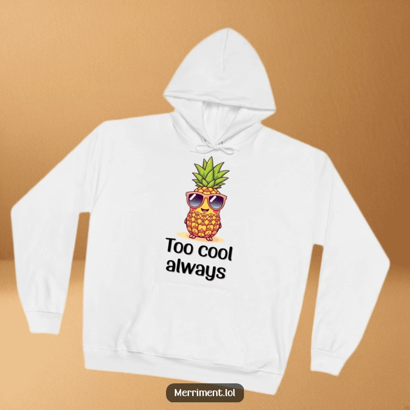 Funny cheerful pineapple hoodie wearing oversized sunglasses at a beach, cozy and humorous tropical wear.