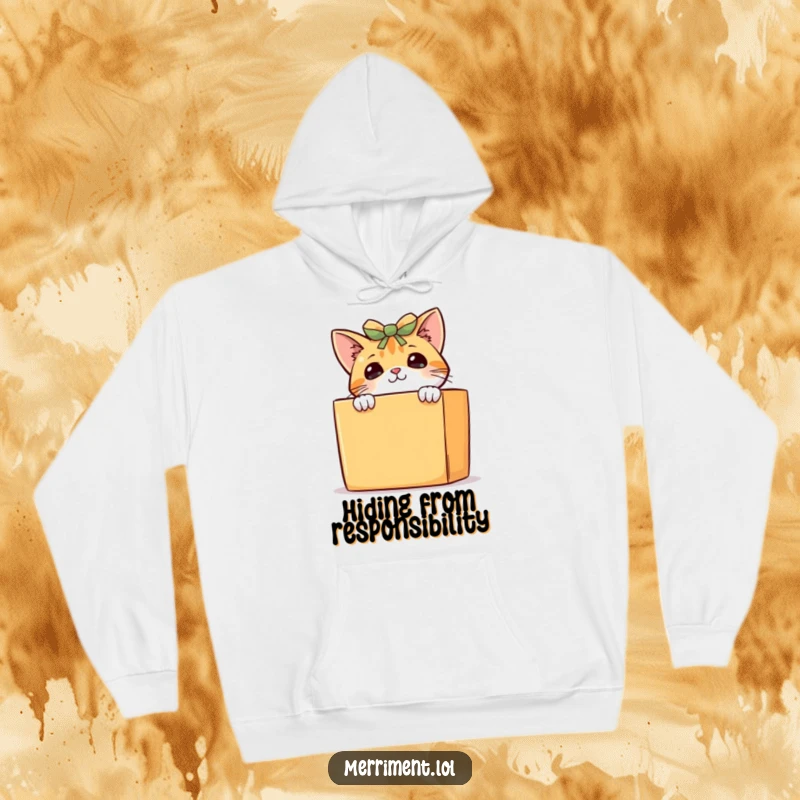 Funny curious cat hoodie, a cute kitten peeking from behind a giant gift box, radiating a sense of playful intrigue and warmth.