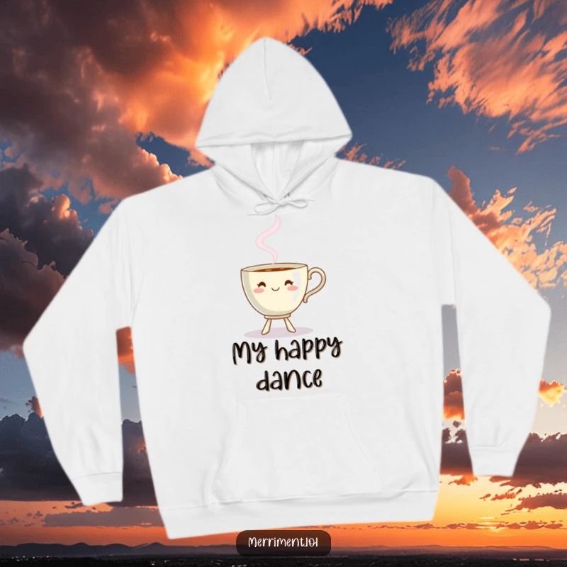 Funny dancing teacup hoodie with steam forming a playful shape, cozy and whimsical clothing.