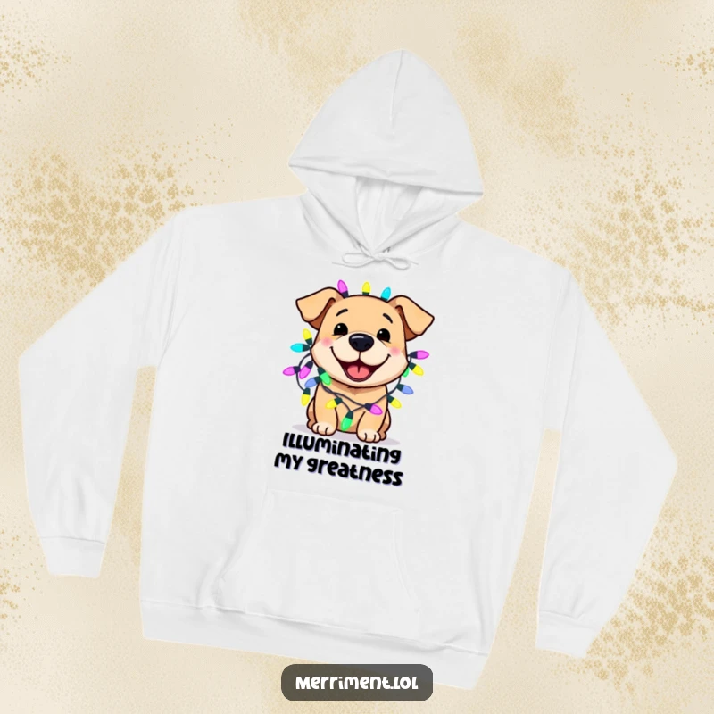 Funny dog hoodie showing a smiling canine wearing oversized, brightly colored fairy lights, offering cozy comfort and festive, humorous cheer.