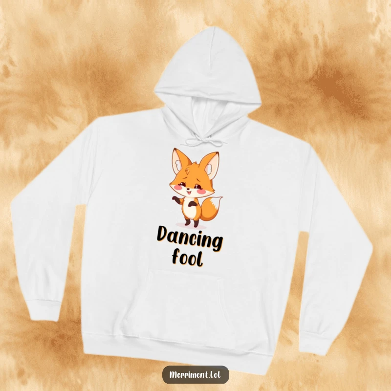 Smiling fox with giant floppy ears doing a silly dance, embodied on a cozy hoodie for warm, groovy, and humorous wear.
