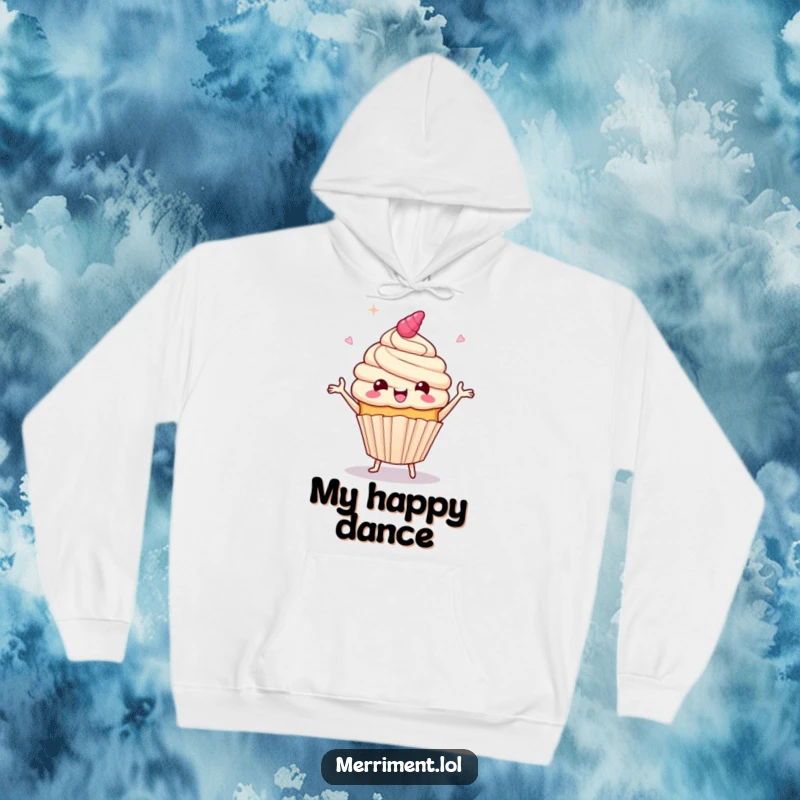 Funny hoodie depicting a gleeful cupcake character performing a celebratory jig, with frosting mid-air, embodying pure joy and comfort.