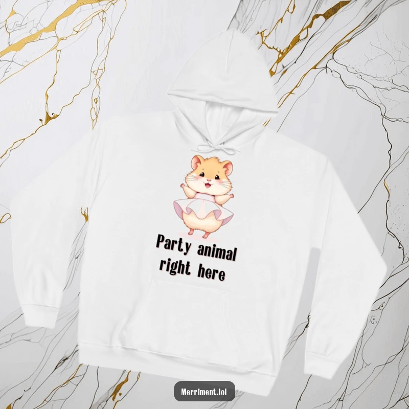 Funny hamster hoodie, a fluffy hamster dressed in a tiny party dress, happily twirling, exuding warmth and cheer.