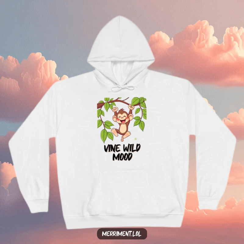 Funny monkey hoodie showing a silly monkey character swinging from a vine with a whoop, a cozy and wild clothing item.