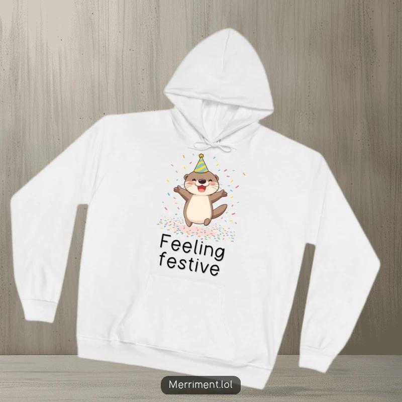 Funny happy otter wearing a party hat jumping in confetti, embodied on a cozy hoodie for warm, festive, and humorous wear.