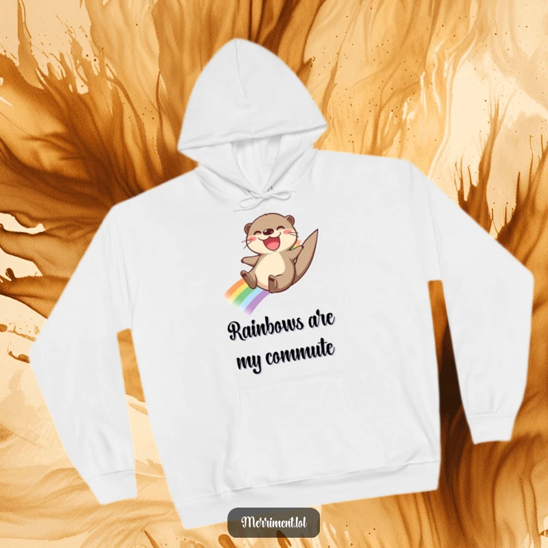 Funny hoodie with a joyful otter sliding down a rainbow, offering cozy comfort and a dose of cheerful, vibrant humor.