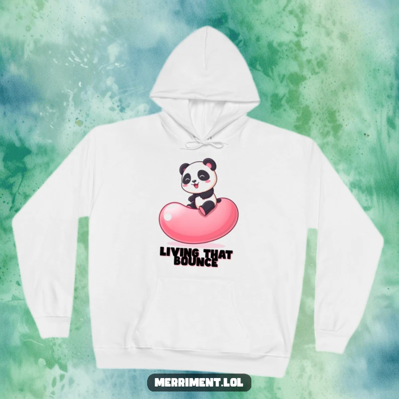 Funny Panda Hoodie: Cozy hoodie with a playful panda bouncing on a giant wobbling jelly bean, perfect for laughs.