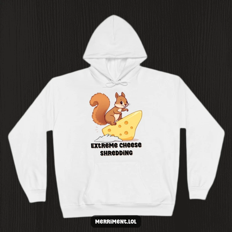 Funny squirrel attempting to surf on a massive cheese slice, creating a humorous and cozy scene for a winter laugh.