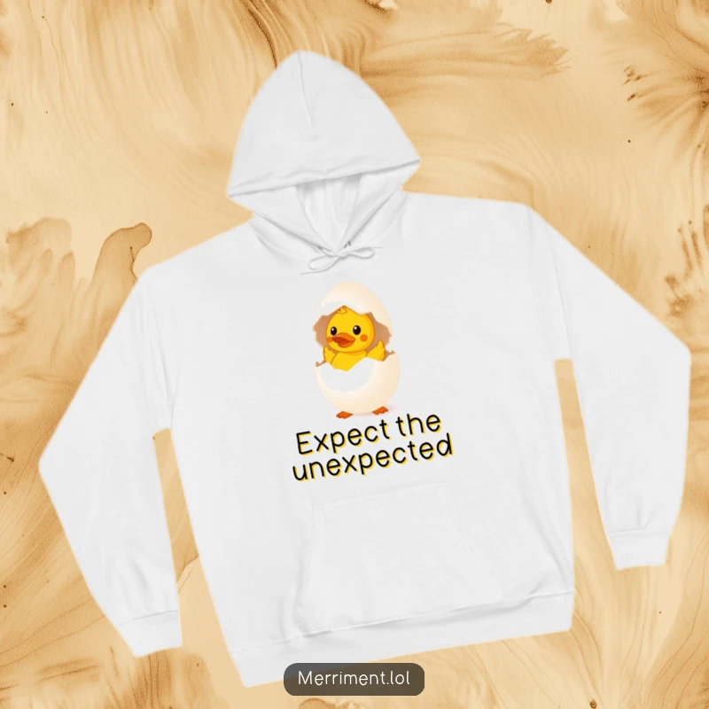 Funny surprised egg hoodie hatching a tiny rubber duck, a cozy and whimsical humorous clothing item.