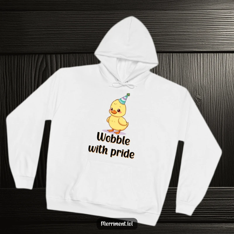 Funny hoodie featuring a wobbly duckling attempting to balance a tiny, glowing party hat, celebrating with adorable charm.
