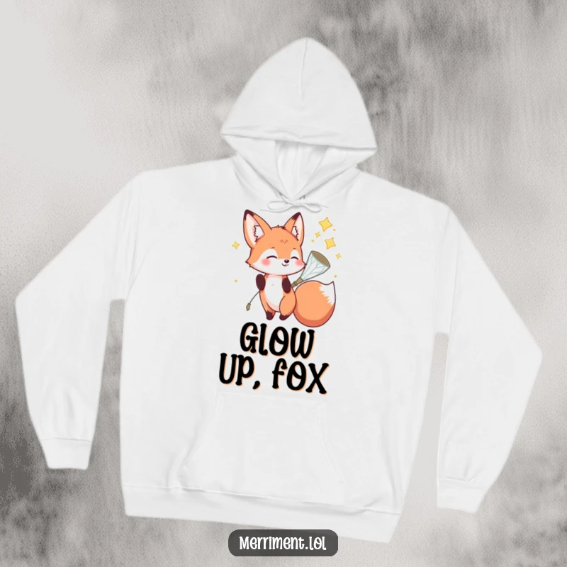 Funny fox hoodie showing a playful fox character catching falling stars in a sparkly net, a cozy and magical clothing item.