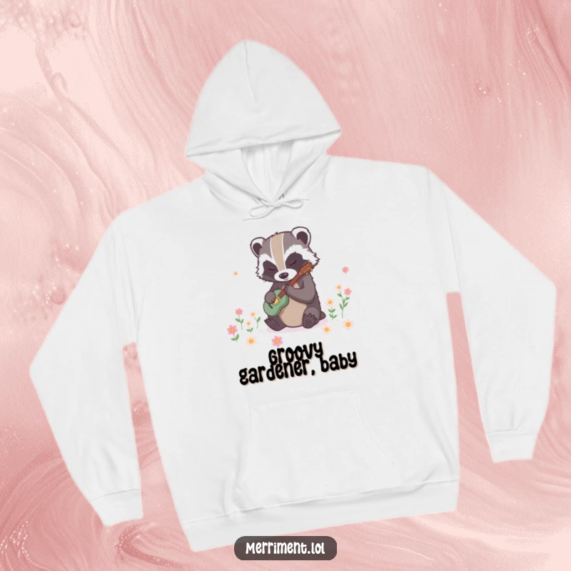 Funny badger hoodie with a determined creature tapping rhythmically to create instant flower blooms, a cozy and magical apparel piece.