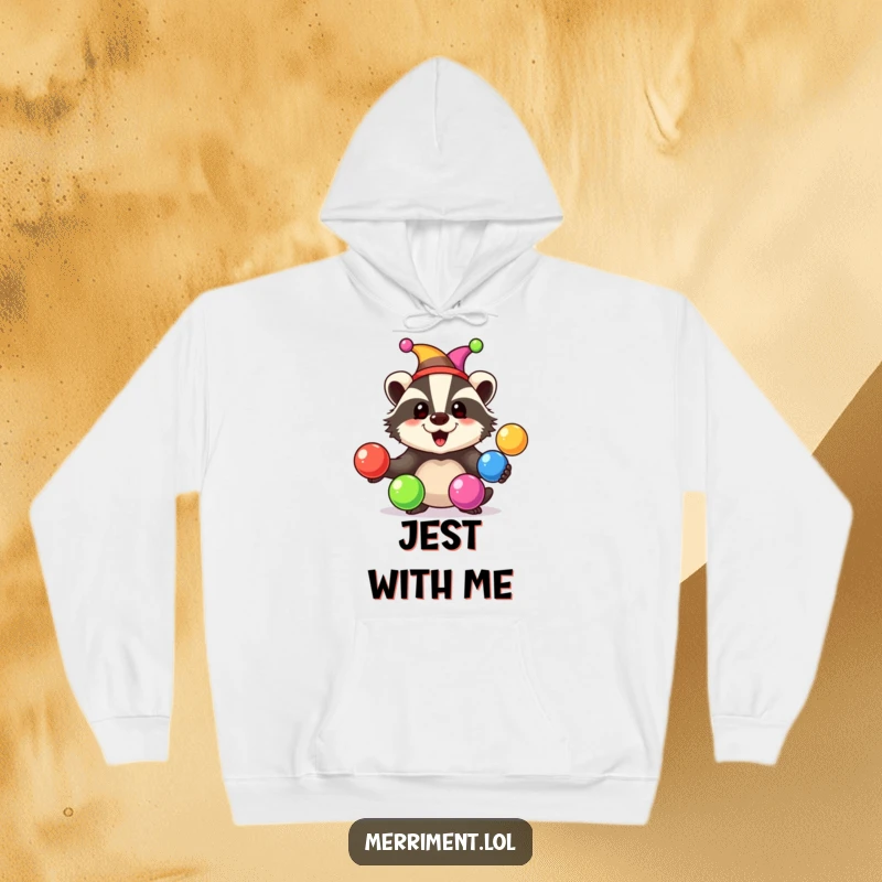 Happy badger wearing a jester hat juggles rainbow-colored balls with delight, printed on a warm and cozy hoodie.