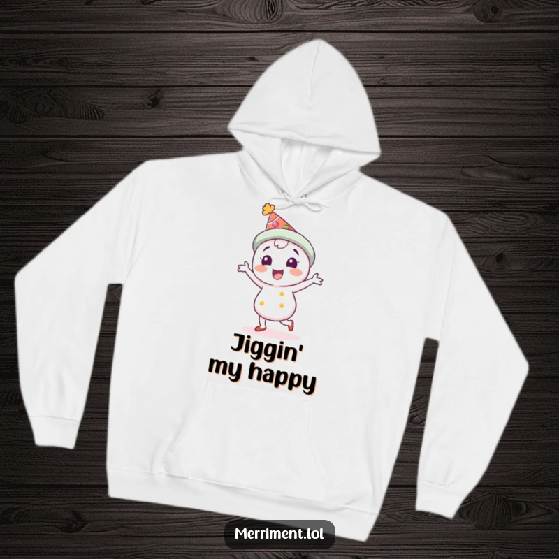 Funny Hoodie: A delighted character in a festive hat is captured mid-jig, spreading smiles. An ideal cozy and funny gift.