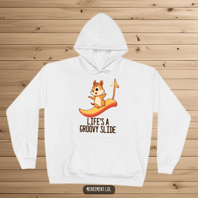 Funny hoodie design featuring a chipmunk joyfully sliding down a large musical note, creating a cozy and musical atmosphere.