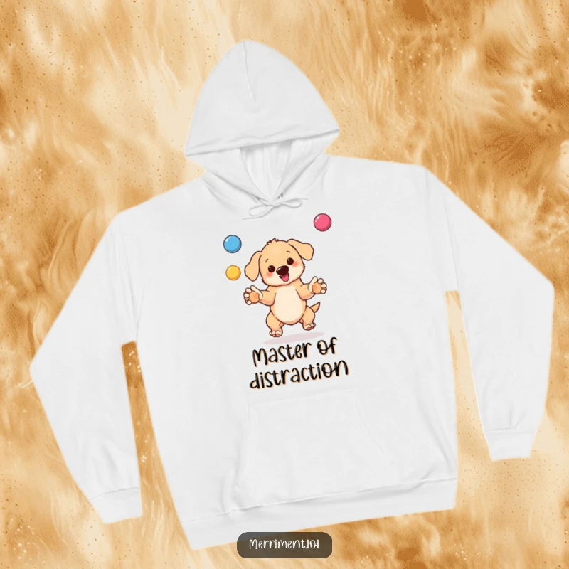 Funny hoodie featuring a happy, bouncing puppy juggling multiple colorful balls with its paws, looking focused and fun.