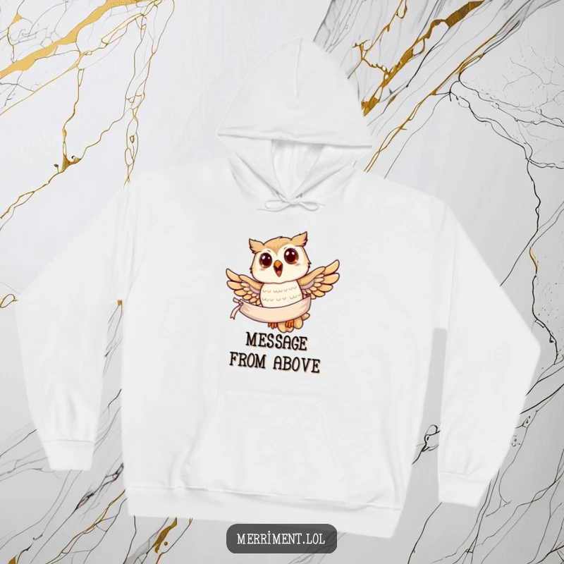 Funny owl hoodie, a joyful owl soaring with a banner in its talons, conveying a sense of wisdom and purpose.