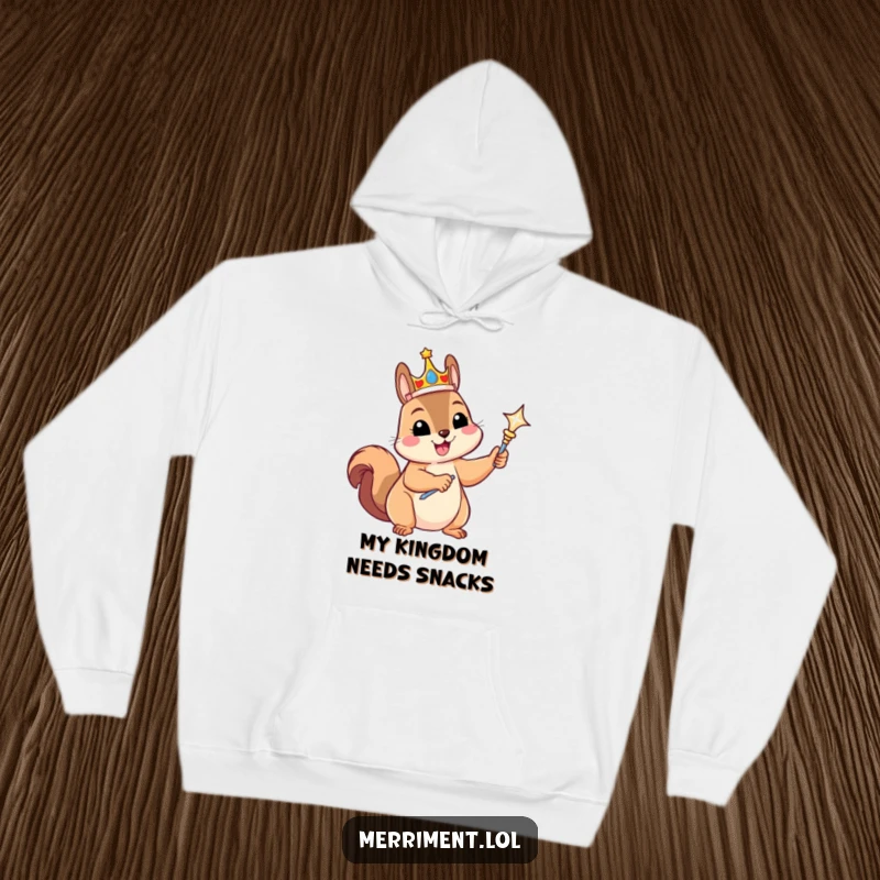 Funny hoodie depicting a gleeful squirrel in a crown, holding a scepter, offering warm comfort and a touch of regal humor.