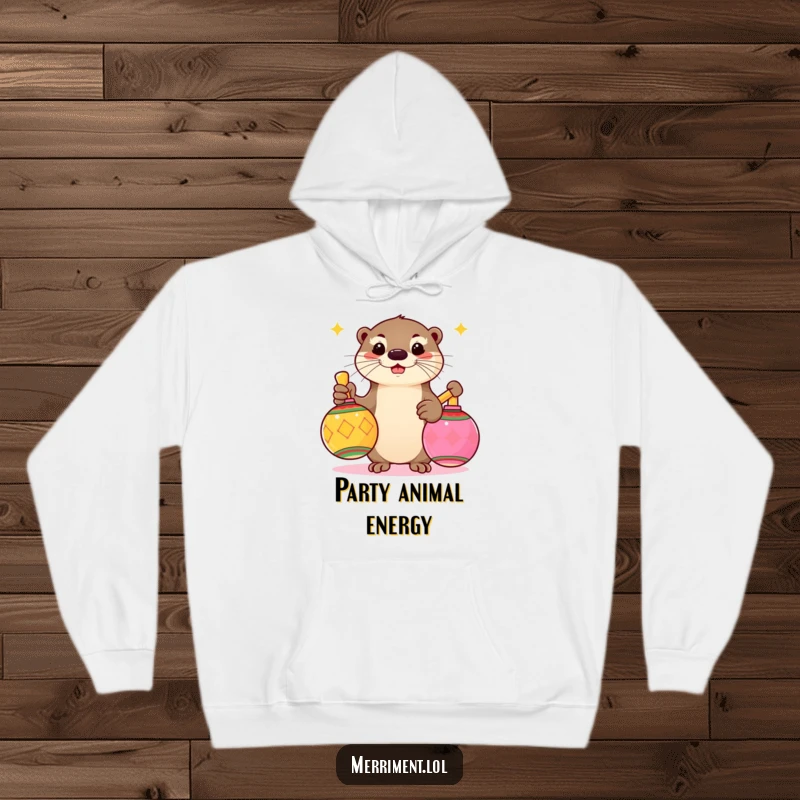 Funny hoodie design featuring a playful otter enthusiastically shaking oversized, colorful maracas, radiating party energy.