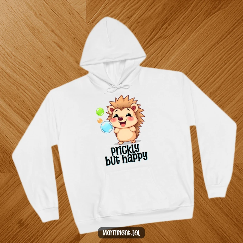 Funny hedgehog hoodie with a cheerful expression, blowing colorful bubbles that float around, a symbol of pure joy.