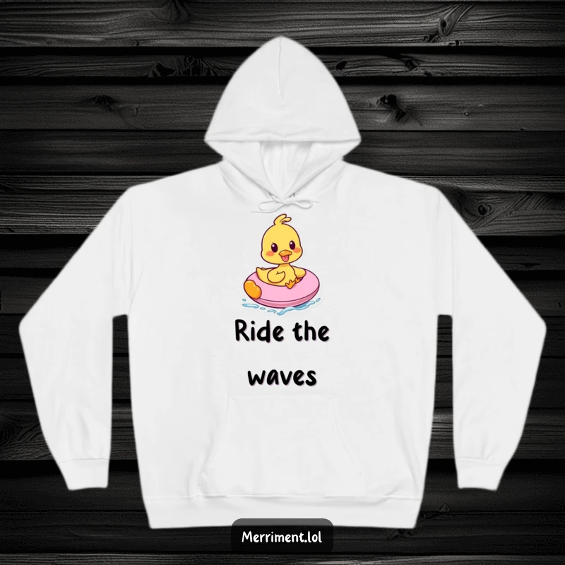 Funny hoodie featuring a happy duck gleefully riding an inflatable, quacking with pure joy, an image of ultimate fun and comfort.