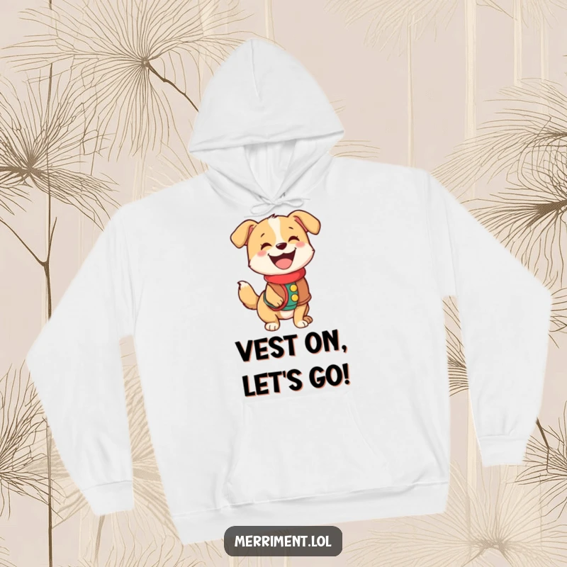 Funny hoodie featuring a happy dog wearing a festive vest and wagging its tail with uncontainable excitement.