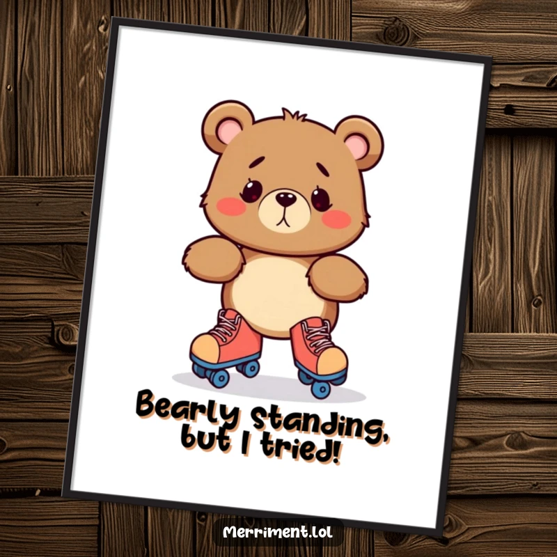 Funny Free Printable Wall Art: A bewildered bear wobbles on roller skates, bringing whimsical charm to any room.